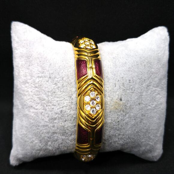 Joan Rivers Gold Plated Red Enamel Rhinestone Hinged Bracelet Vintage Jewelry - Picture 7 of 9